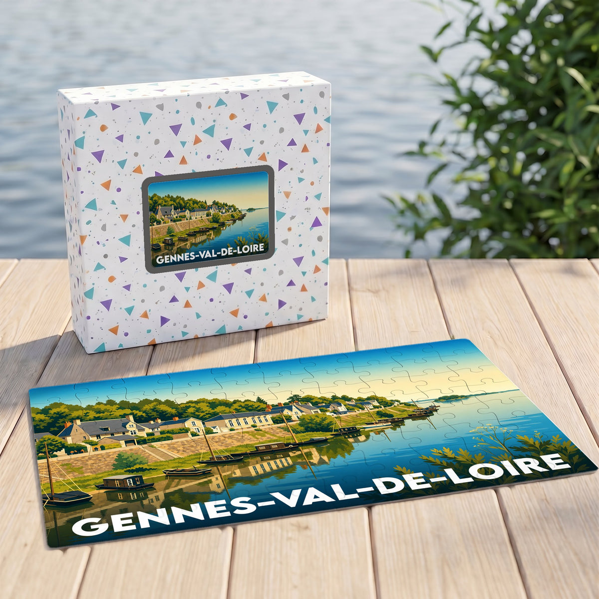 Puzzle souvenir de la ville de Gennes-Val-de-Loire avec une illustration stylisée des bords de Loire.