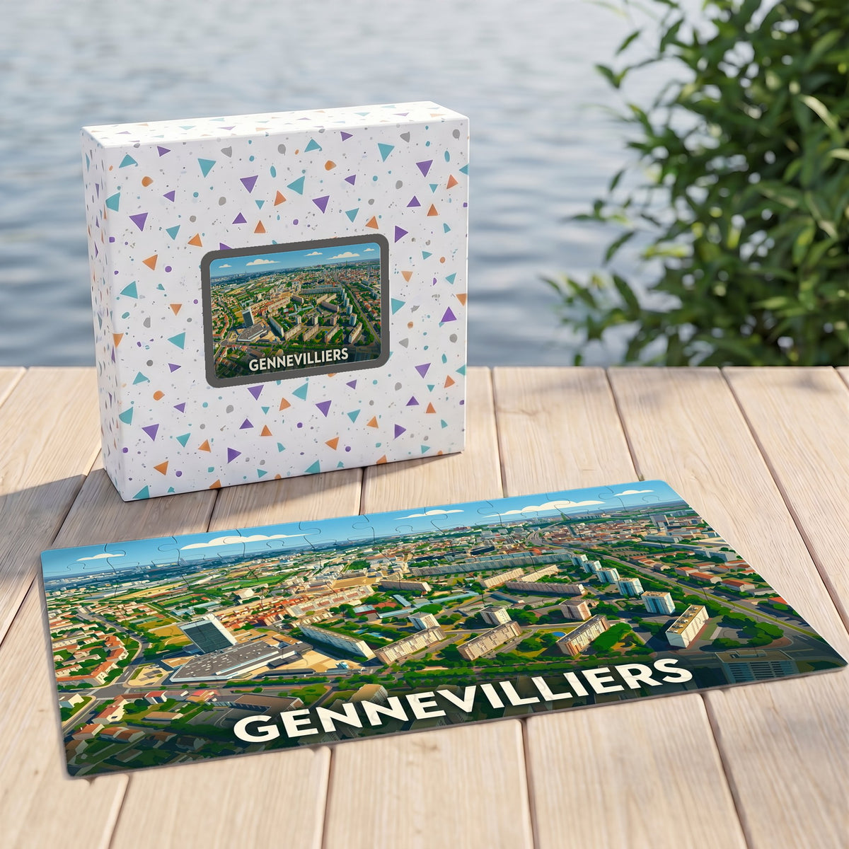 Puzzle souvenir de la ville de Gennevilliers avec une illustration aérienne colorée et stylisée.