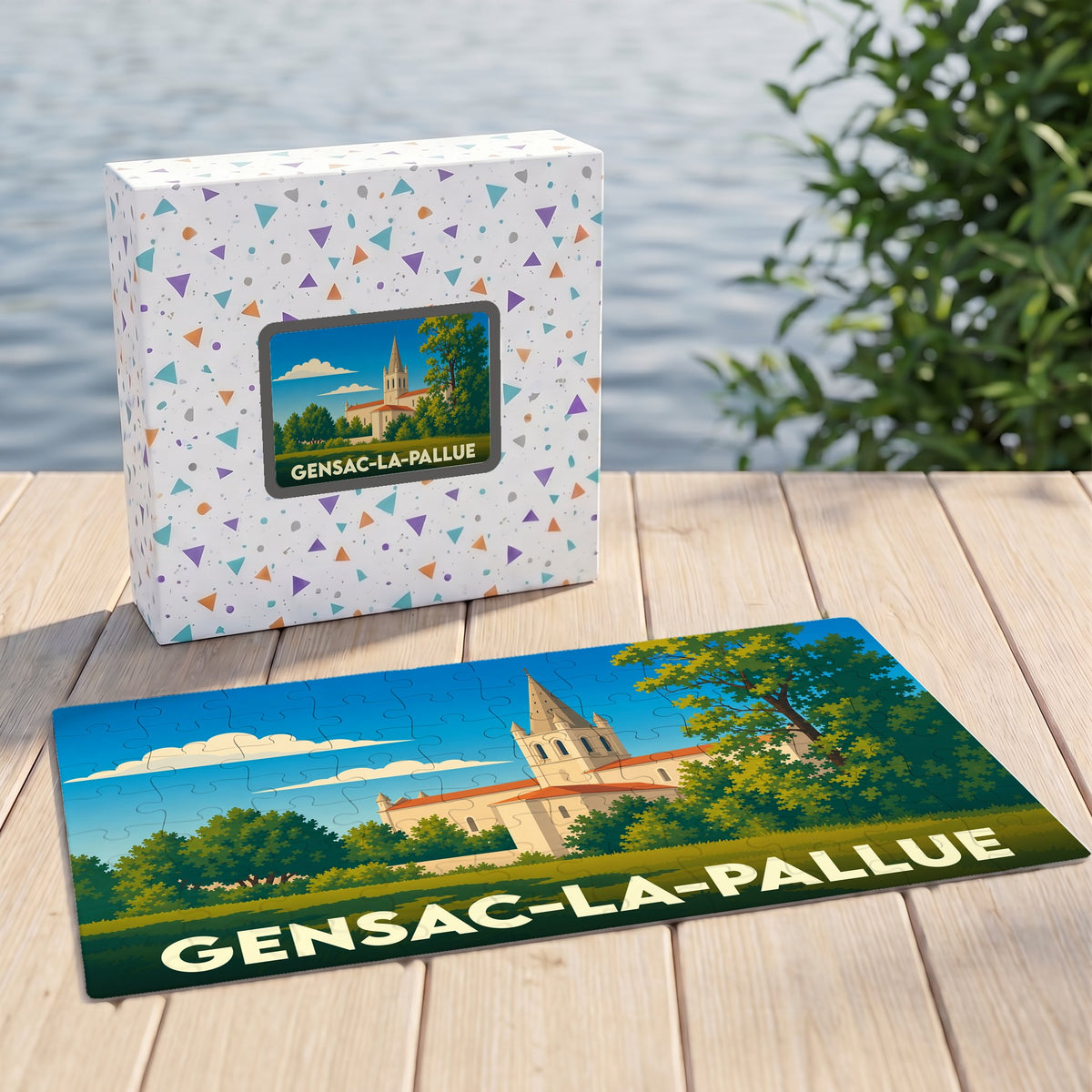 Puzzle souvenir de la ville de Gensac-la-Pallue avec son illustration stylisée et sa boîte assortie.