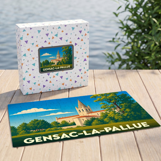 Puzzle souvenir de la ville de Gensac-la-Pallue avec son illustration stylisée et sa boîte assortie.