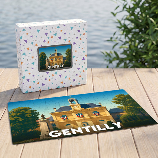 Puzzle souvenir de la ville de Gentilly avec une illustration stylisée de l'hôtel de ville.