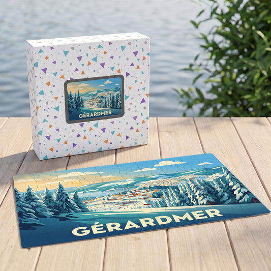 Puzzle souvenir de la ville de Gérardmer avec une illustration hivernale stylisée.