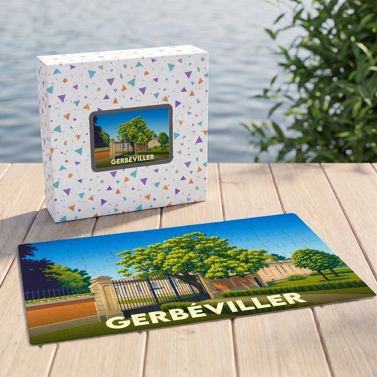 Puzzle souvenir de la ville de Gerbéviller avec une illustration stylisée de son patrimoine.