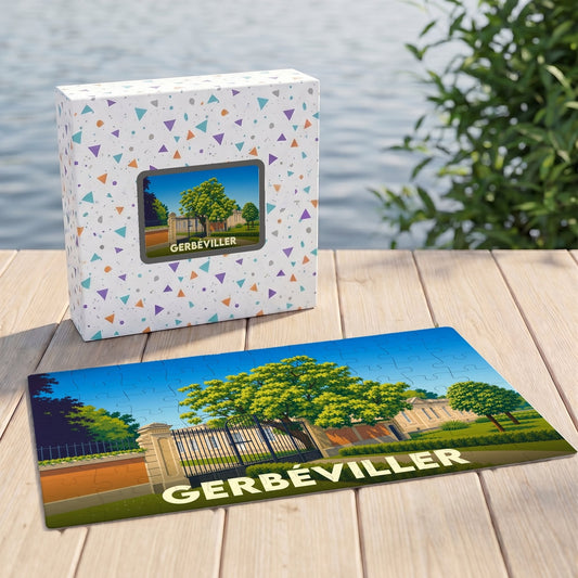 Puzzle souvenir de la ville de Gerbéviller avec une illustration stylisée de son patrimoine.