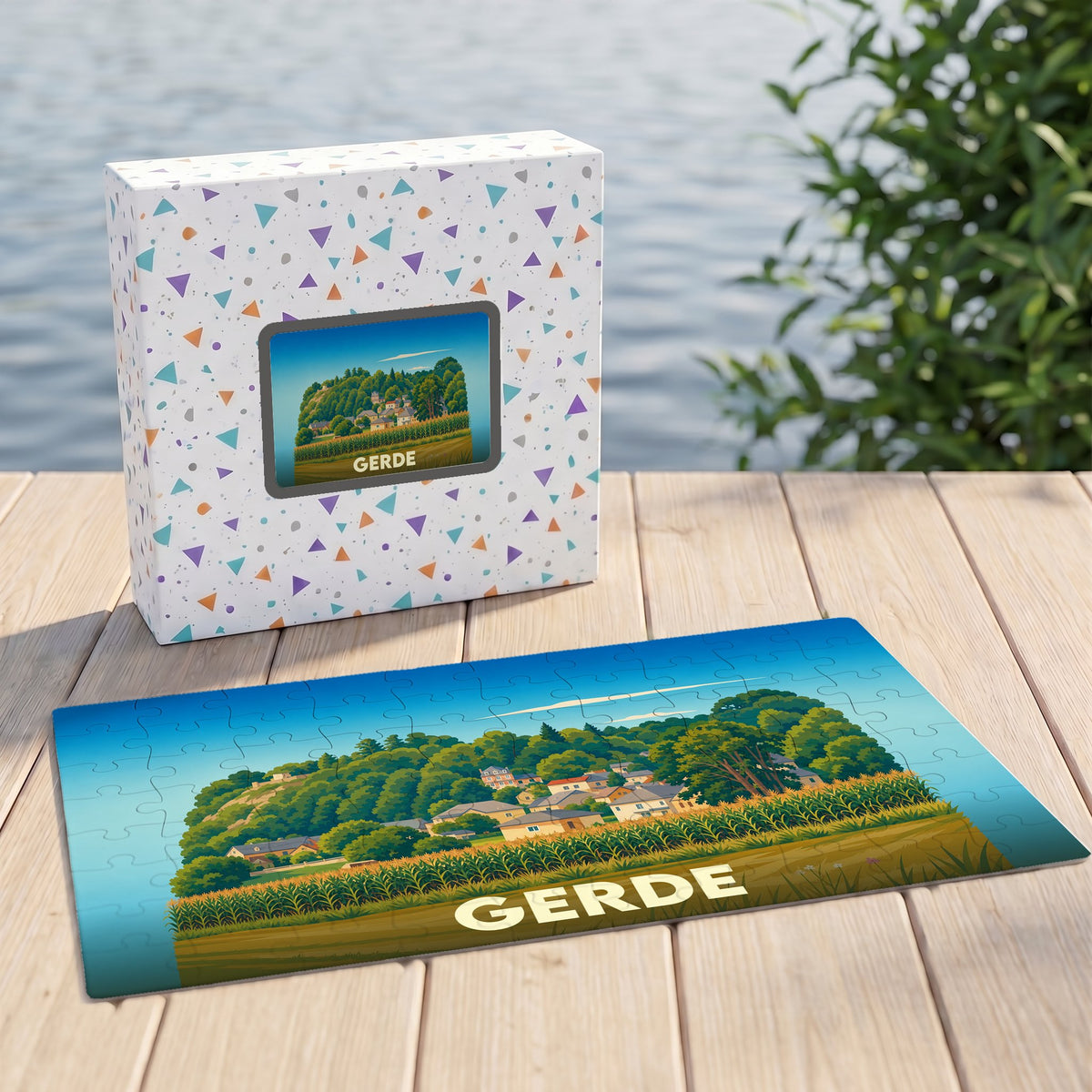 Puzzle souvenir de la ville de Gerde avec une illustration stylisée de son paysage.