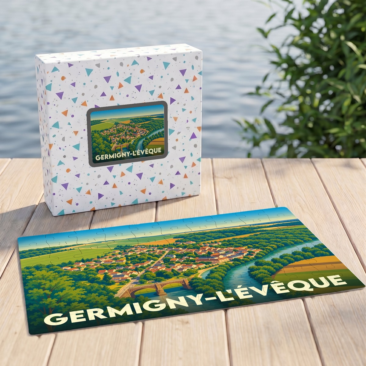 Puzzle souvenir de la ville de Germigny-l'Évêque avec une illustration panoramique stylisée.
