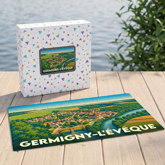 Puzzle souvenir de la ville de Germigny-l'Évêque avec une illustration panoramique stylisée.