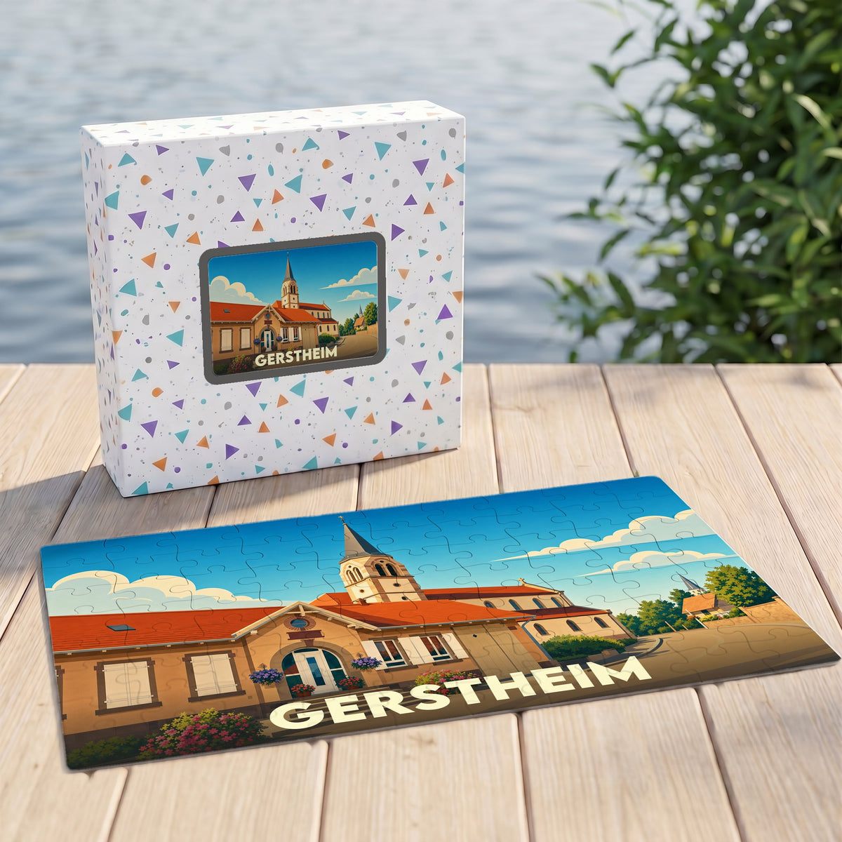 Puzzle souvenir de la ville de Gerstheim avec une illustration stylisée.