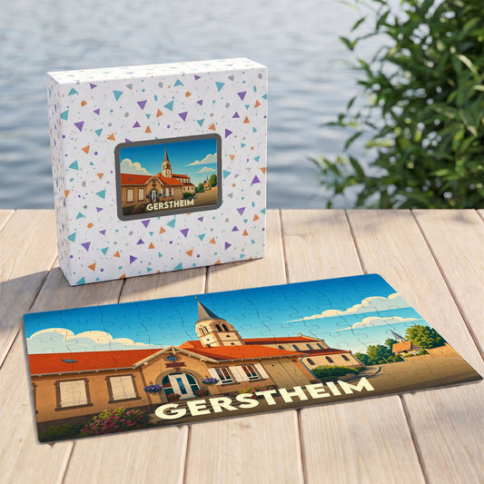 Puzzle souvenir de la ville de Gerstheim avec une illustration stylisée.