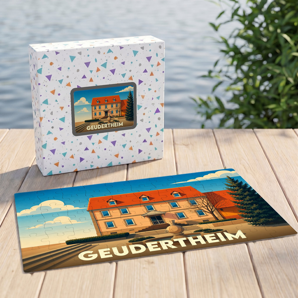 Puzzle souvenir de la ville de Geudertheim avec une illustration stylisée d'un bâtiment remarquable.