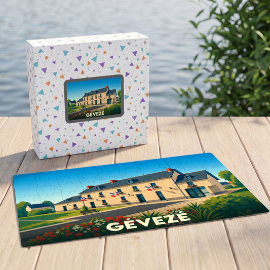 Puzzle souvenir de la ville de Gévezé avec une illustration stylisée de sa mairie.