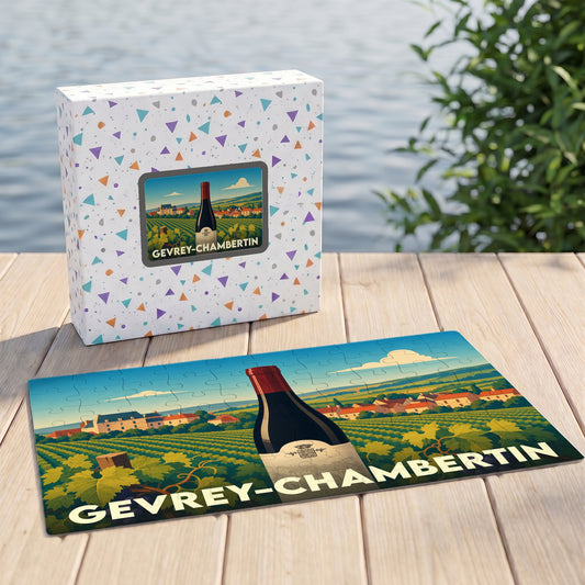 Puzzle souvenir de la ville de Gevrey-Chambertin illustrant un vignoble bourguignon avec sa boîte assortie.