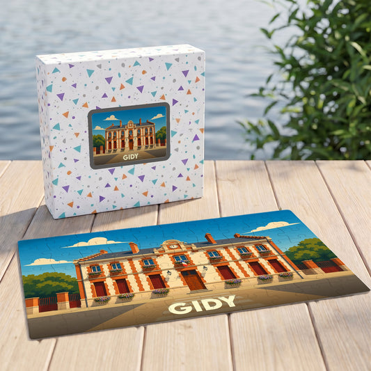 Puzzle souvenir de la ville de Gidy illustrant son hôtel de ville dans un style rétro.