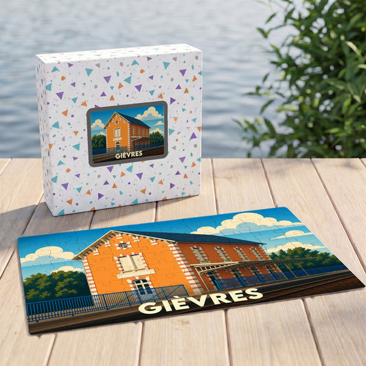 Puzzle souvenir de la ville de Gièvres illustrant une gare stylisée dans son coffret assorti.