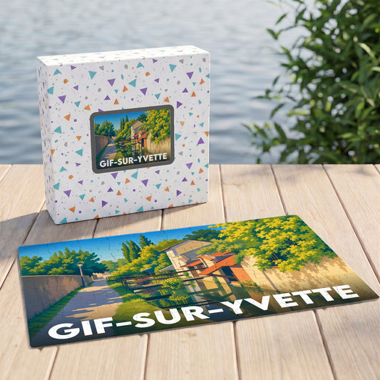 Puzzle souvenir de la ville de Gif-sur-Yvette avec une illustration de paysage de style affiche de voyage.