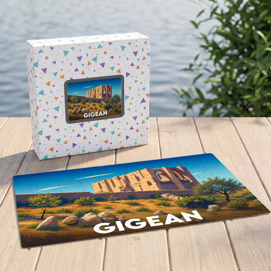 Puzzle souvenir de la ville de Gigean représentant une illustration stylisée d'une abbaye en ruines.