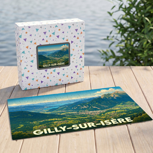 Puzzle souvenir de la ville de Gilly-sur-Isère avec une illustration panoramique de ses paysages montagneux.