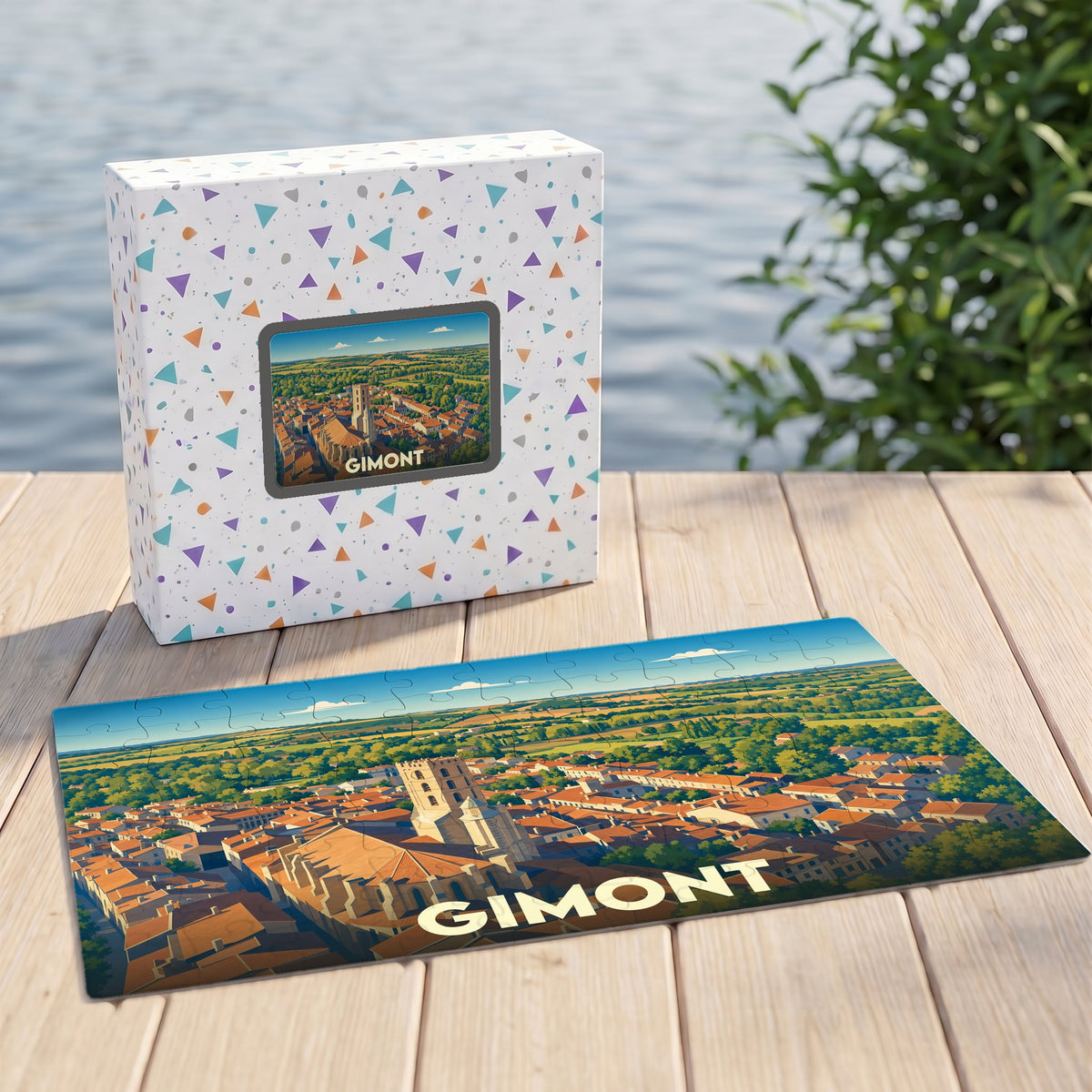 Puzzle souvenir de la ville de Gimont avec une illustration panoramique stylisée.