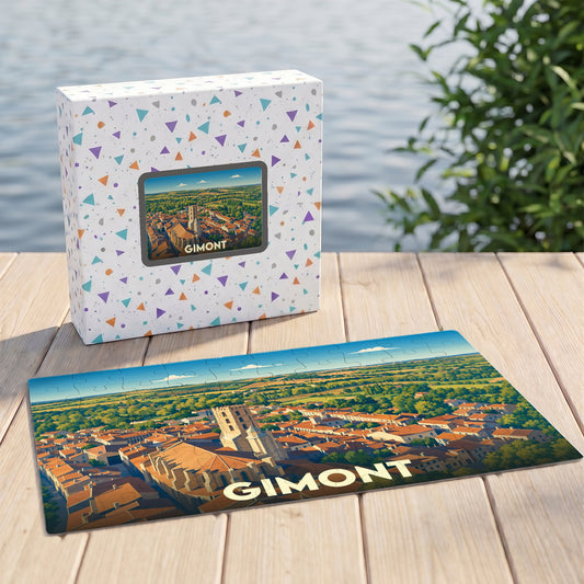 Puzzle souvenir de la ville de Gimont avec une illustration panoramique stylisée.