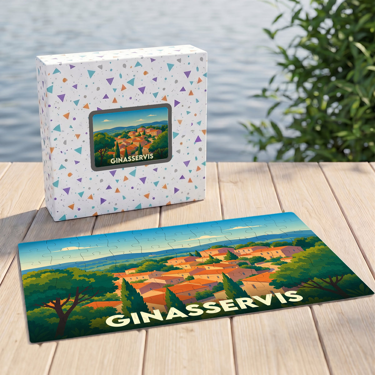 Puzzle souvenir de la ville de Ginasservis avec une illustration stylisée d'un village provençal.