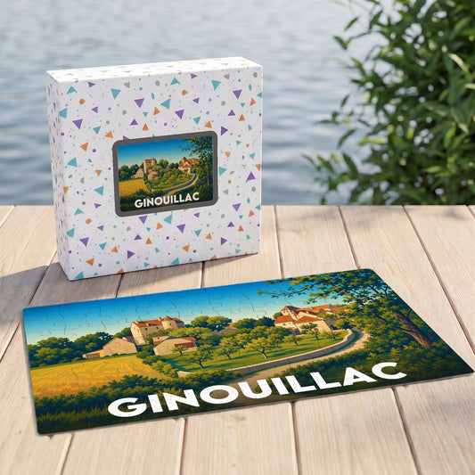Puzzle souvenir de la ville de Ginouillac avec une illustration stylisée de son paysage champêtre.