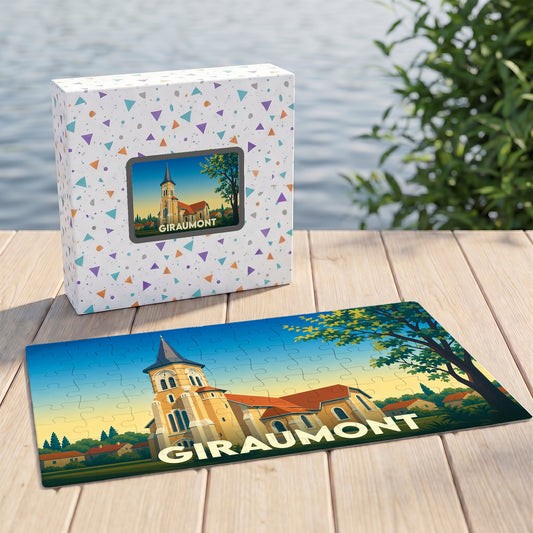 Puzzle souvenir de la ville de Giraumont illustrant son église dans un style graphique épuré.