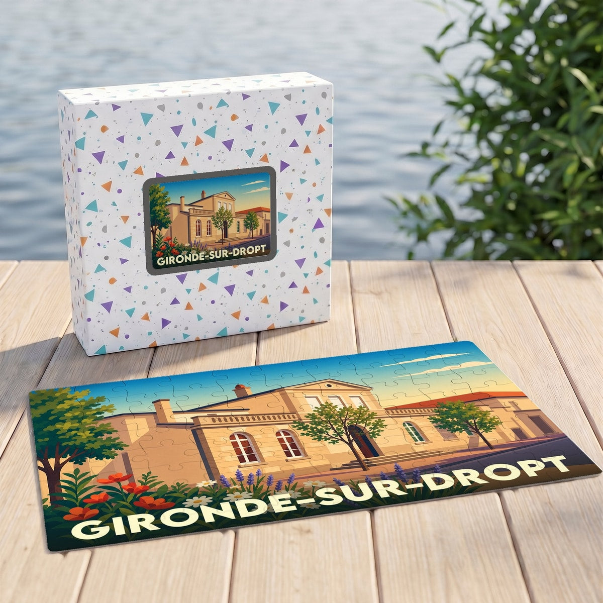 Puzzle souvenir de la ville de Gironde-sur-Dropt avec une illustration stylisée d'un bâtiment historique.
