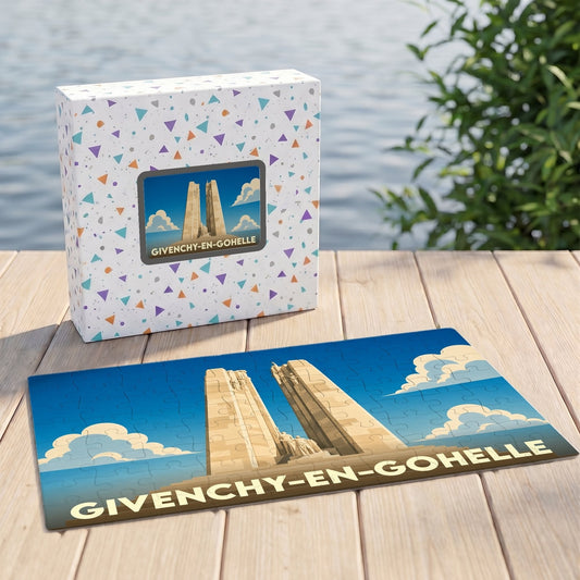Puzzle souvenir de la ville de Givenchy-en-Gohelle représentant le mémorial de Vimy dans un style illustré.