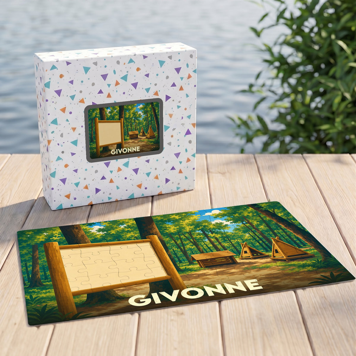 Puzzle souvenir de la ville de Givonne représentant une forêt illustrée avec ses cabanes en bois.