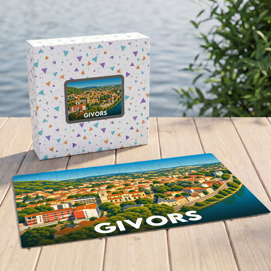 Puzzle souvenir de la ville de Givors accompagné de sa boîte, présentant une illustration colorée du paysage urbain en bord de fleuve.