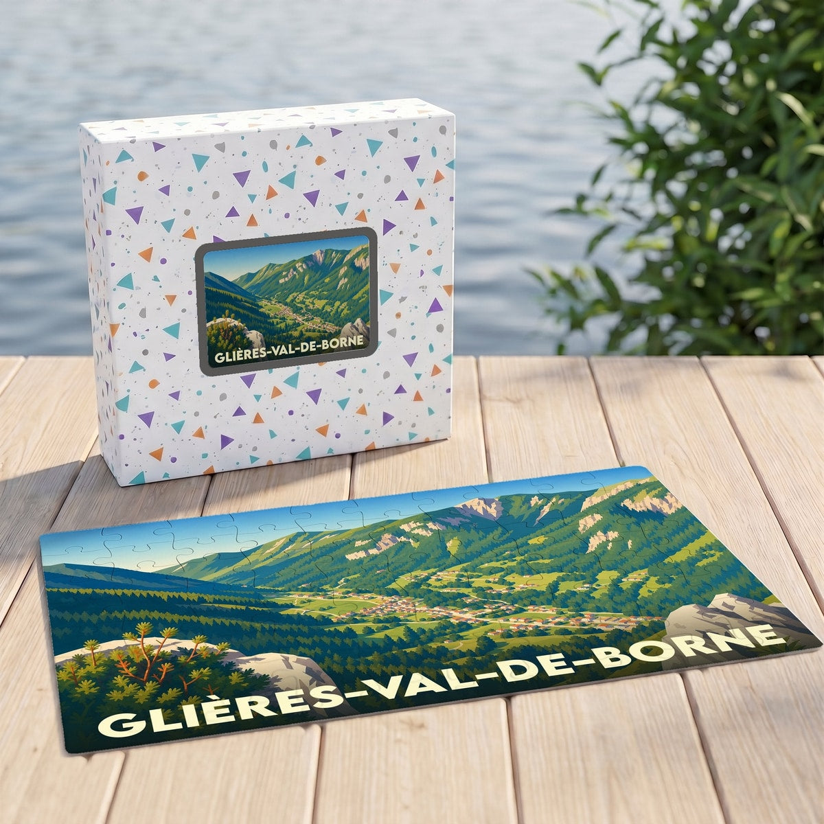 Puzzle souvenir de la ville de Glières-Val-de-Borne représentant un paysage montagneux illustré.