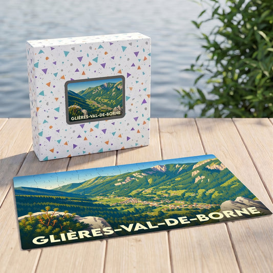 Puzzle souvenir de la ville de Glières-Val-de-Borne représentant un paysage montagneux illustré.