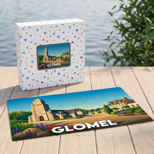 Puzzle souvenir de la ville de Glomel avec une illustration stylisée et colorée de son église.