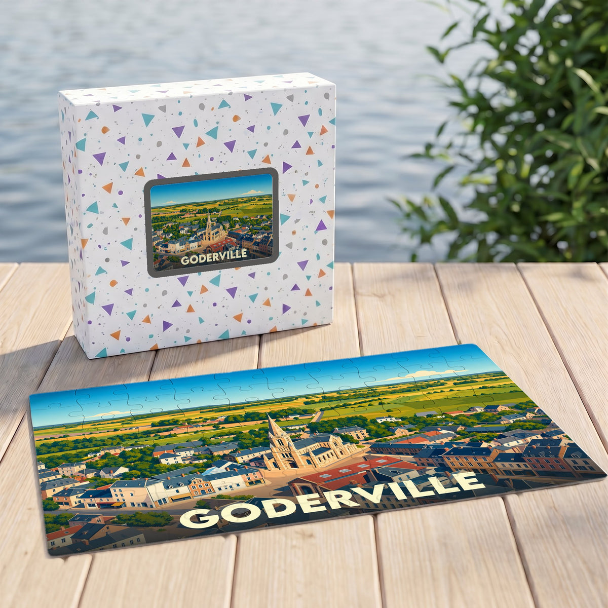 Puzzle souvenir de la ville de Goderville avec une illustration stylisée.