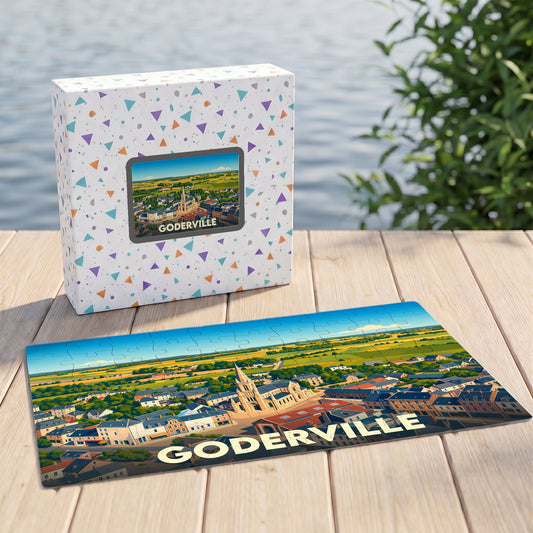 Puzzle souvenir de la ville de Goderville avec une illustration stylisée.