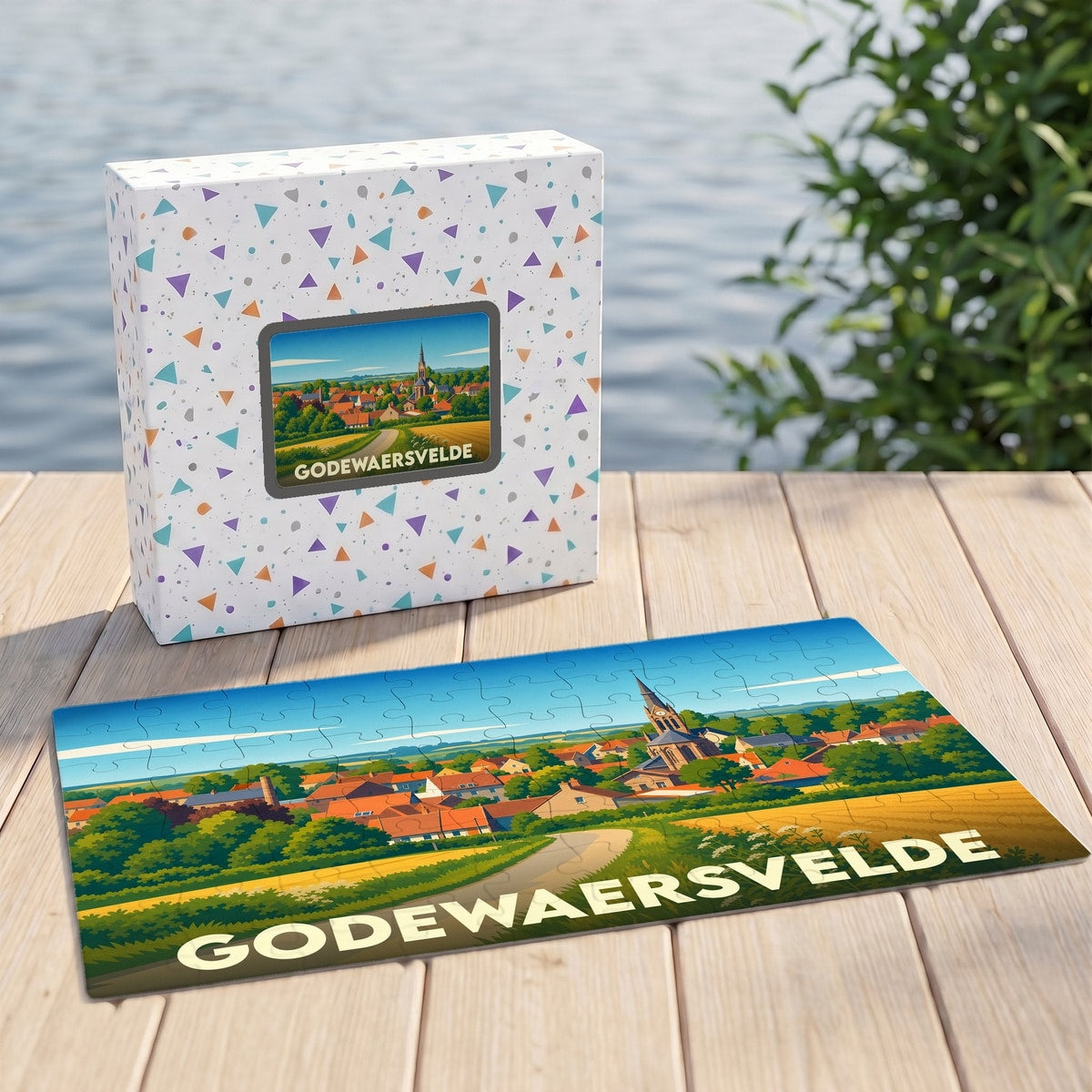 Puzzle souvenir de la ville de Godewaersvelde avec une illustration stylisée d'un paysage rural.