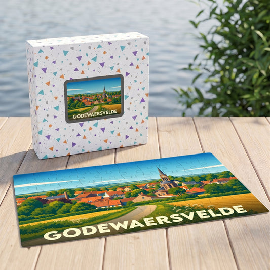 Puzzle souvenir de la ville de Godewaersvelde avec une illustration stylisée d'un paysage rural.