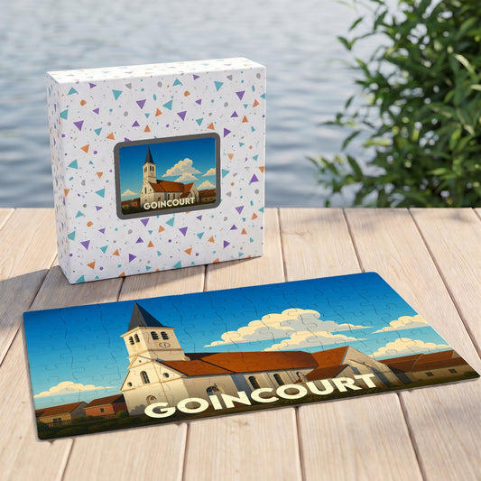Puzzle souvenir de la ville de Goincourt avec une illustration stylisée d'un bâtiment historique.