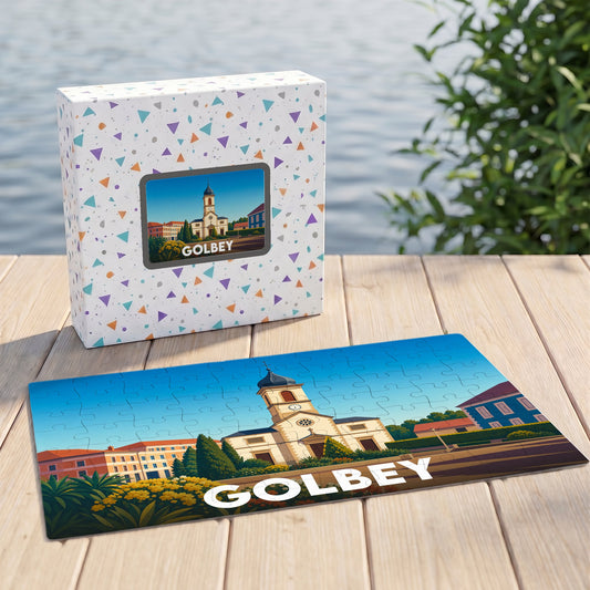 Puzzle souvenir de la ville de Golbey avec une illustration stylisée de son église et de ses bâtiments.