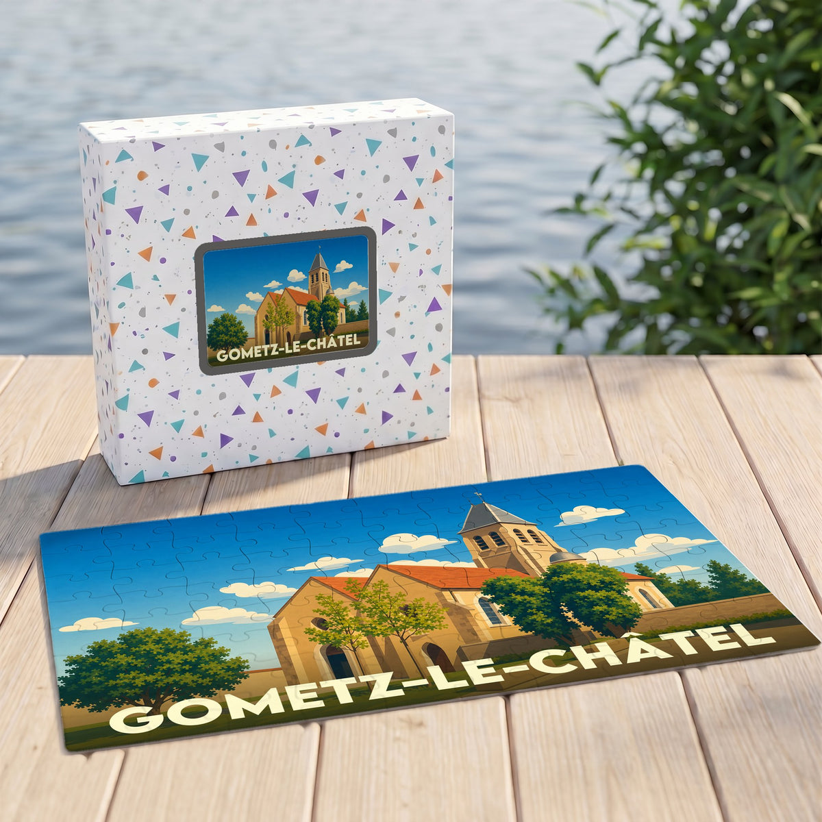 Puzzle souvenir de la ville de Gometz-le-Châtel avec une illustration stylisée de son église.
