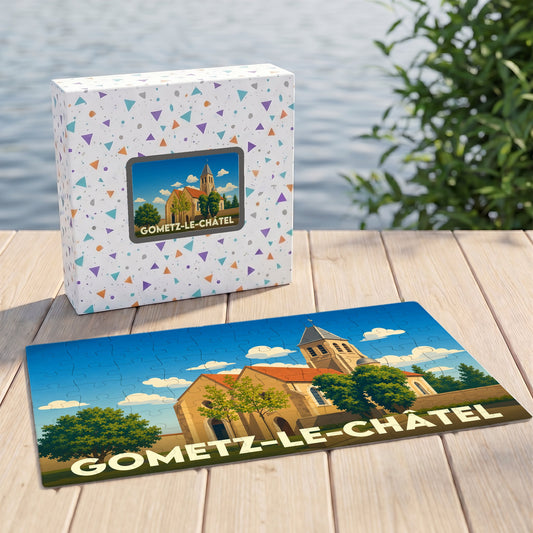 Puzzle souvenir de la ville de Gometz-le-Châtel avec une illustration stylisée de son église.