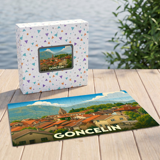 Puzzle souvenir de la ville de Goncelin présentant une illustration stylisée de ses toits et montagnes environnantes.