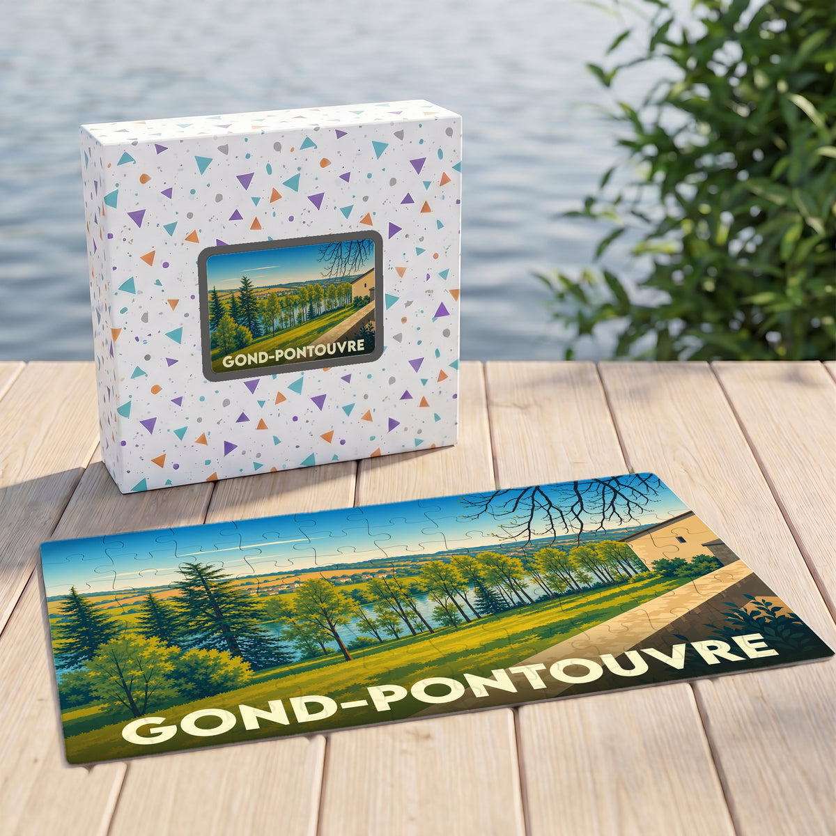 Puzzle souvenir de la ville de Gond-Pontouvre présentant un paysage illustré dans un style vintage.