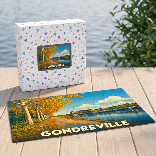 Puzzle souvenir de la ville de Gondreville avec une illustration stylisée de son canal en automne.