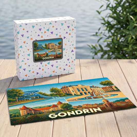 Puzzle souvenir de la ville de Gondrin avec une illustration colorée et son coffret assorti.