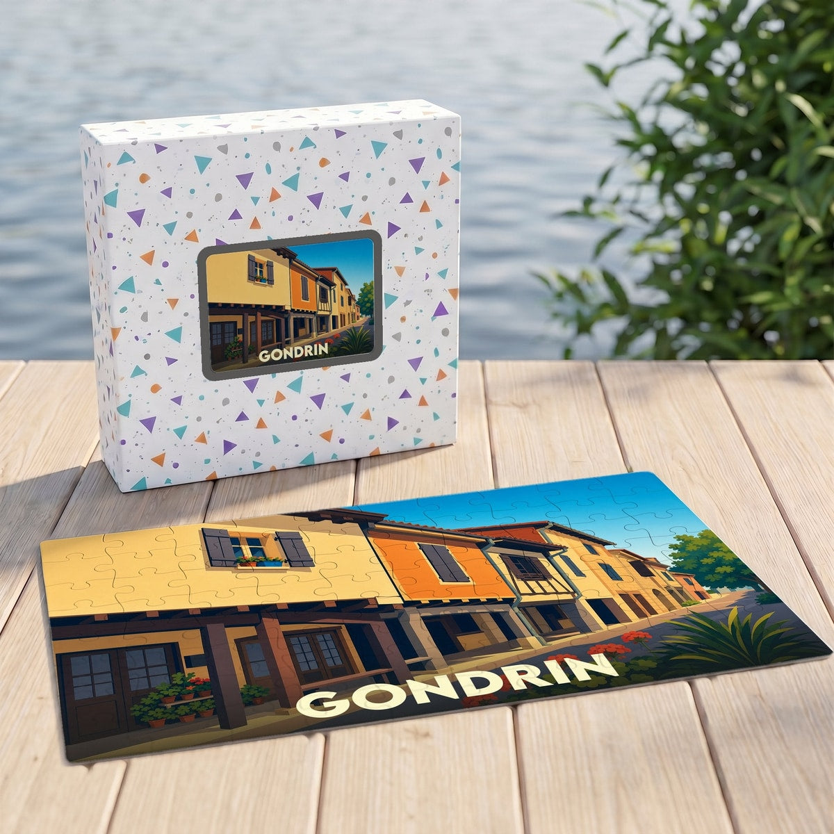 Puzzle souvenir de la ville de Gondrin représentant une ruelle aux façades colorées avec une illustration stylisée.