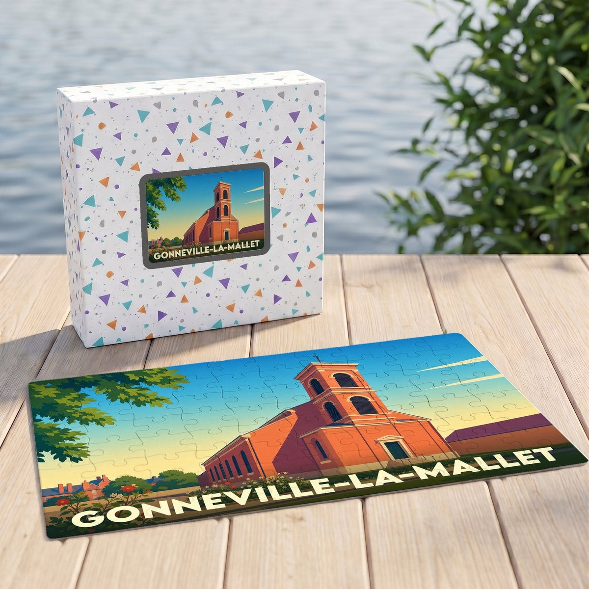 Puzzle souvenir de la ville de Gonneville-la-Mallet avec une illustration stylisée de son église et de son clocher.