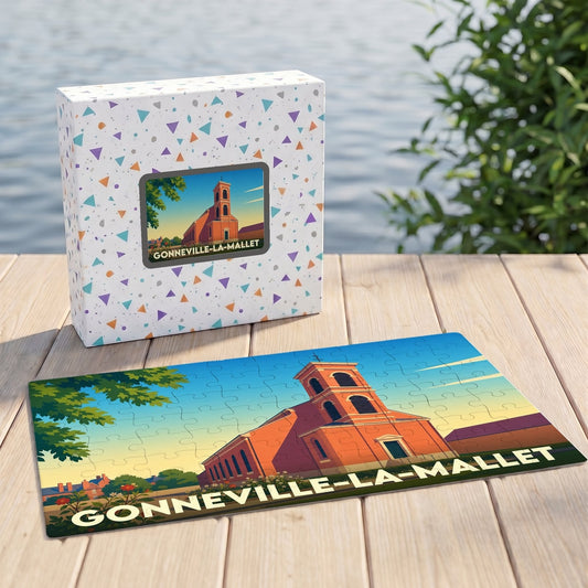 Puzzle souvenir de la ville de Gonneville-la-Mallet avec une illustration stylisée de son église et de son clocher.
