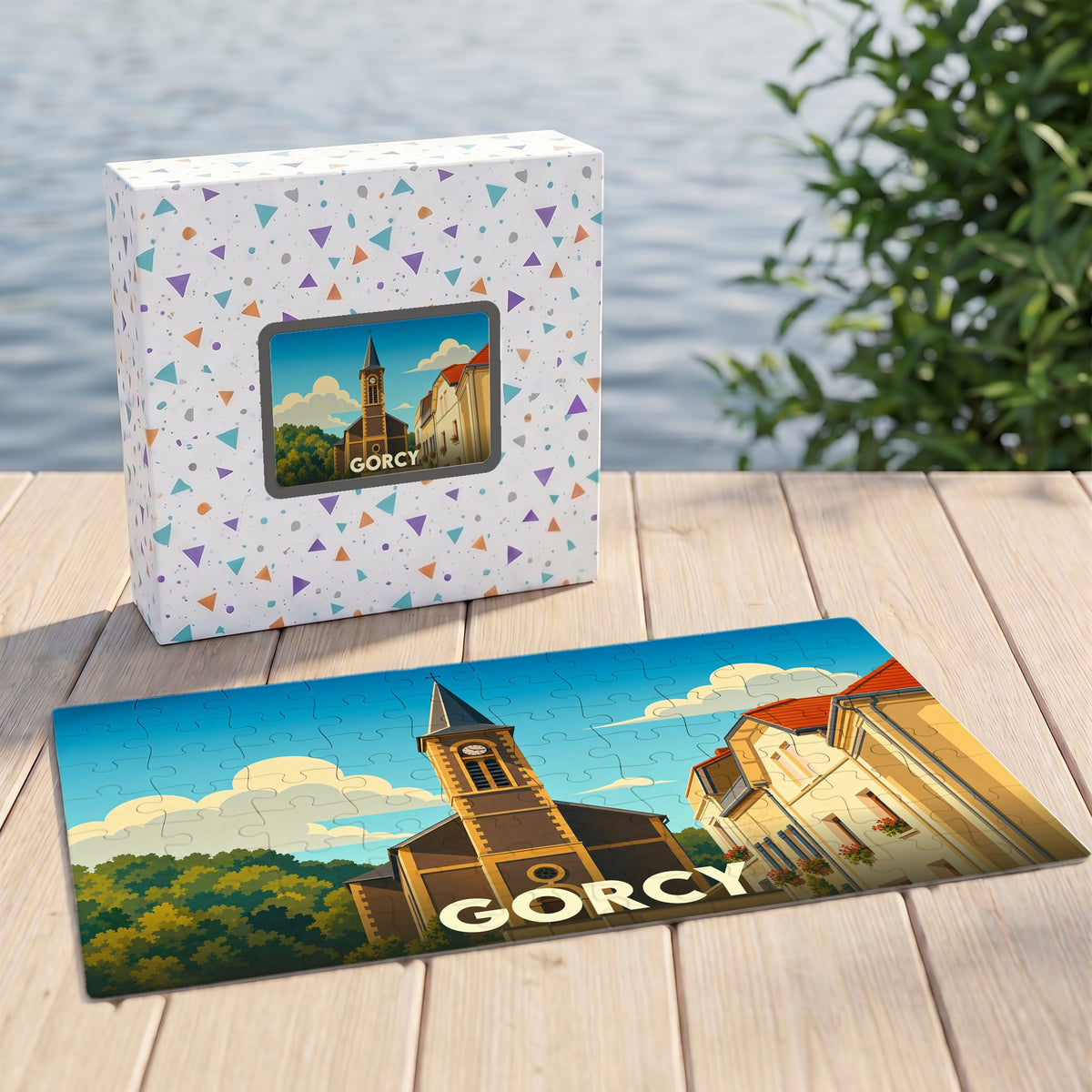 Puzzle souvenir de la ville de Gorcy avec une illustration stylisée d'une église sous un ciel bleu.