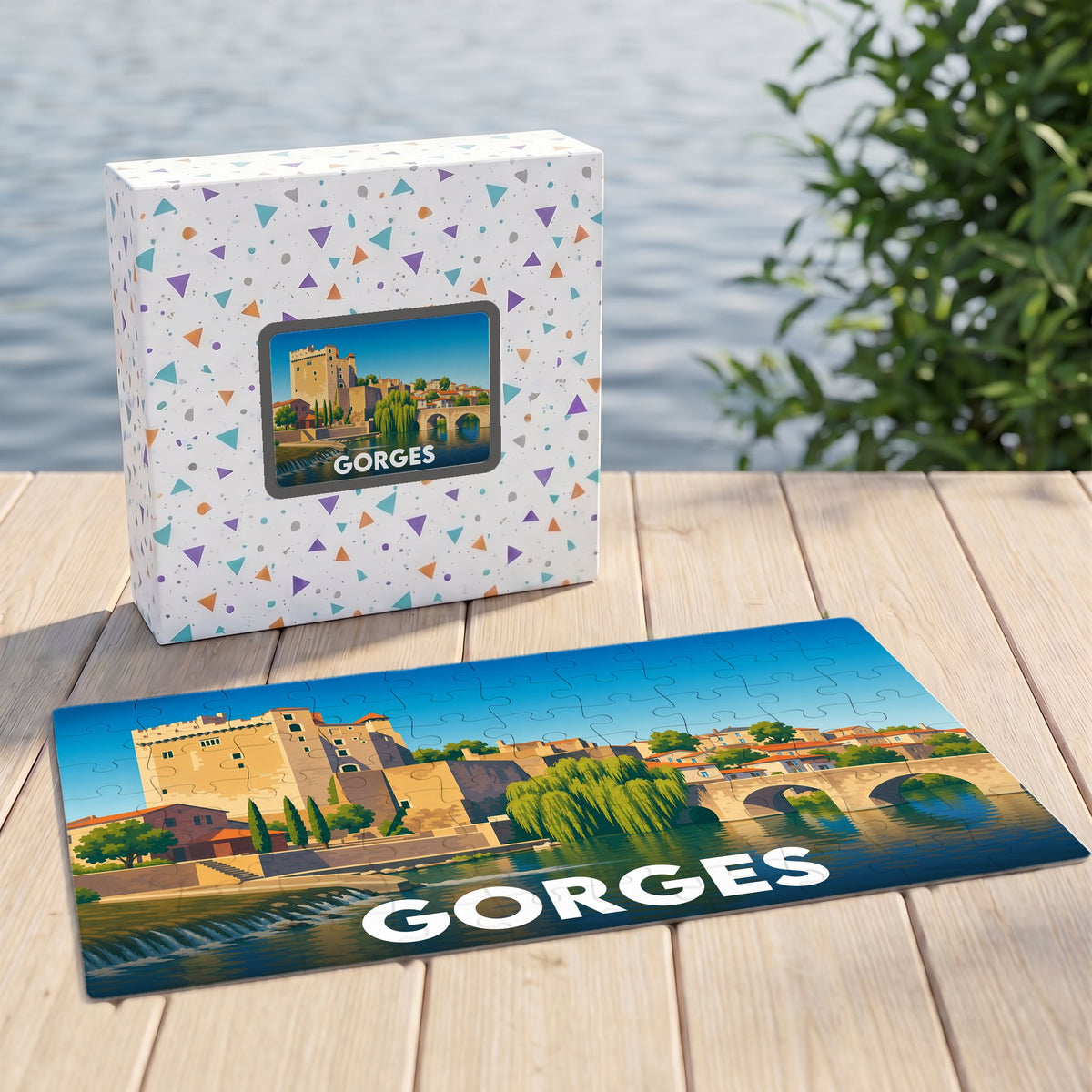 Puzzle souvenir de la ville de Gorges avec une illustration colorée représentant son patrimoine historique au bord de l'eau.